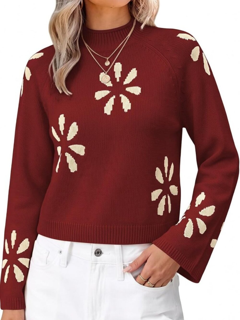 Cozy Floral Print Turtleneck Cropped Sweater for Women - Fall Fashion Essential